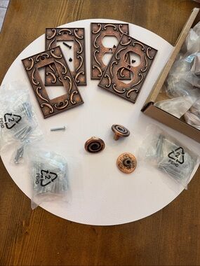 Ornate Copper Tone Cabinet Hardware Set - 63 Knobs & 4 Decorative Backplates